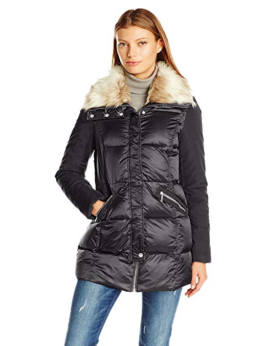 French Connection Women's Mixed Media Down Coat with Faux Fur Collar