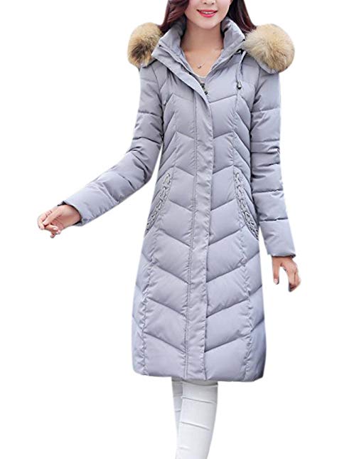 Lingswallow Women's Winter Warm Thicken Maxi Fur Hooded Down Coat Jacket