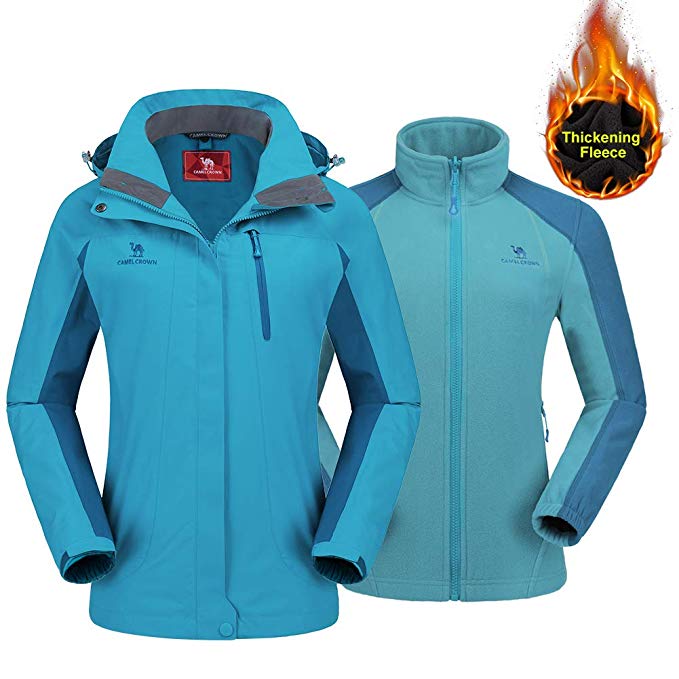 CAMEL CROWN Women's Outdoor Sports Jacket 3 in 1 Ski Waterproof Mountain Coat Windproof Hooded with Inner Warm Fleece Coat