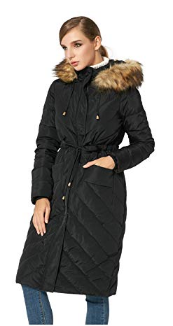Orolay Women Thickened Belted Down Jacket with Faux Fur Hoodie
