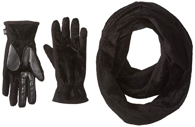 isotoner Women's Fuzzy Teddy Touchscreen Texting Cold Weather Gloves and Infinity Scarf Set