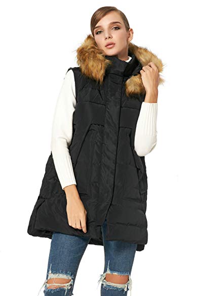 Orolay Women's Winter Long Down Vest with Faux Fur Trimmed Hood Casual Zip up