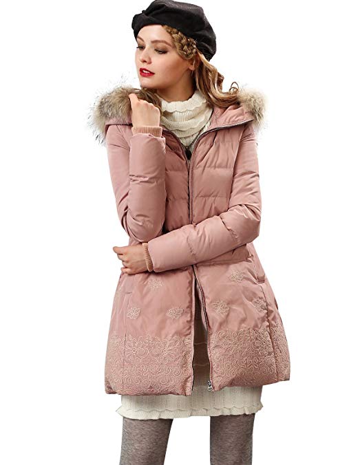 Artka Women's Embroidery Padded Down Parka Coat Puffer Jacket with Fur Hood Pink