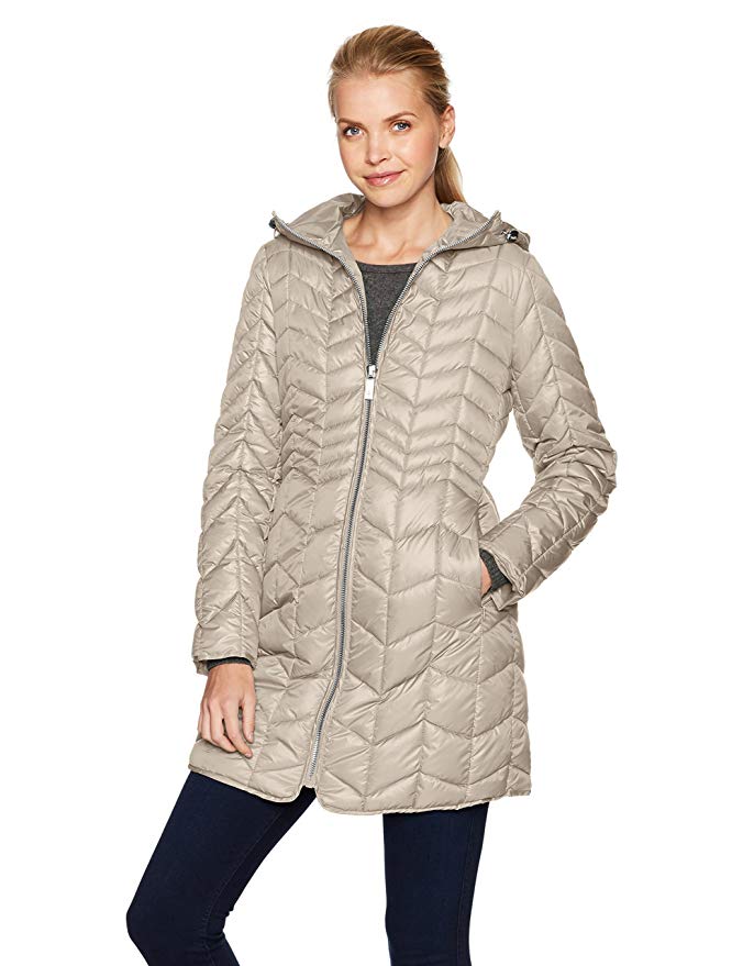 Kenneth Cole New York Women's Hooded Chevron Quilted Lightweight Puffer Coat with Chunky Zipper