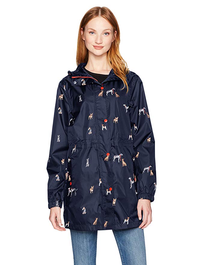 Joules Women's Golightly Waterproof Dog Print Packable Rain Jacket with Hood