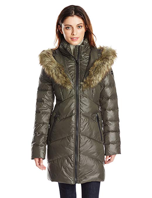 Kensie Women's Chevron Down Coat with Heart Faux-Fur Lined Hood