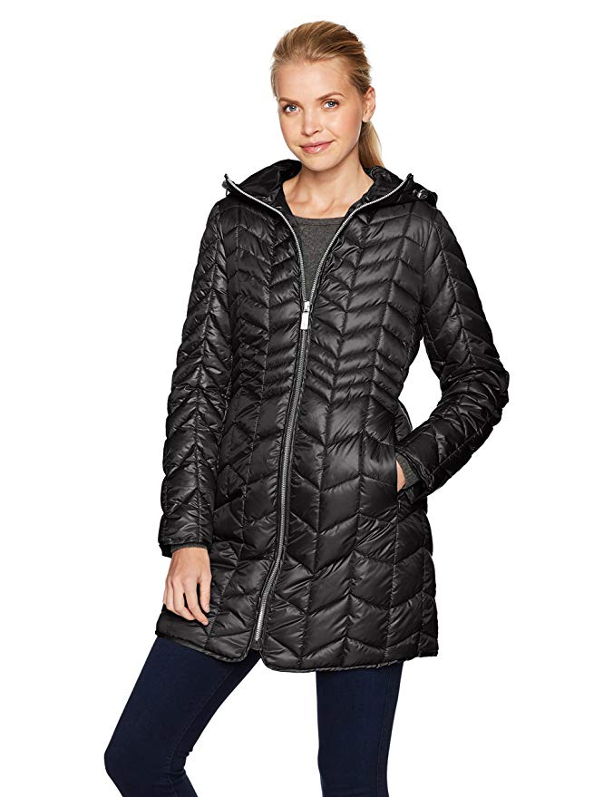 Kenneth Cole Women's Hooded Chevron Quilted Lightweight Puffer with Chunky Zipper